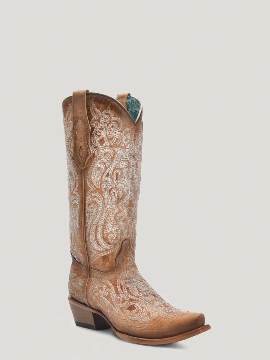 C4144 WOMEN&#39;S CORRAL 13&quot; CRACKLED STRAW WITH BLUE LIMINISCENT EMBROIDERY SNIP-TOE FASHION BOOT
