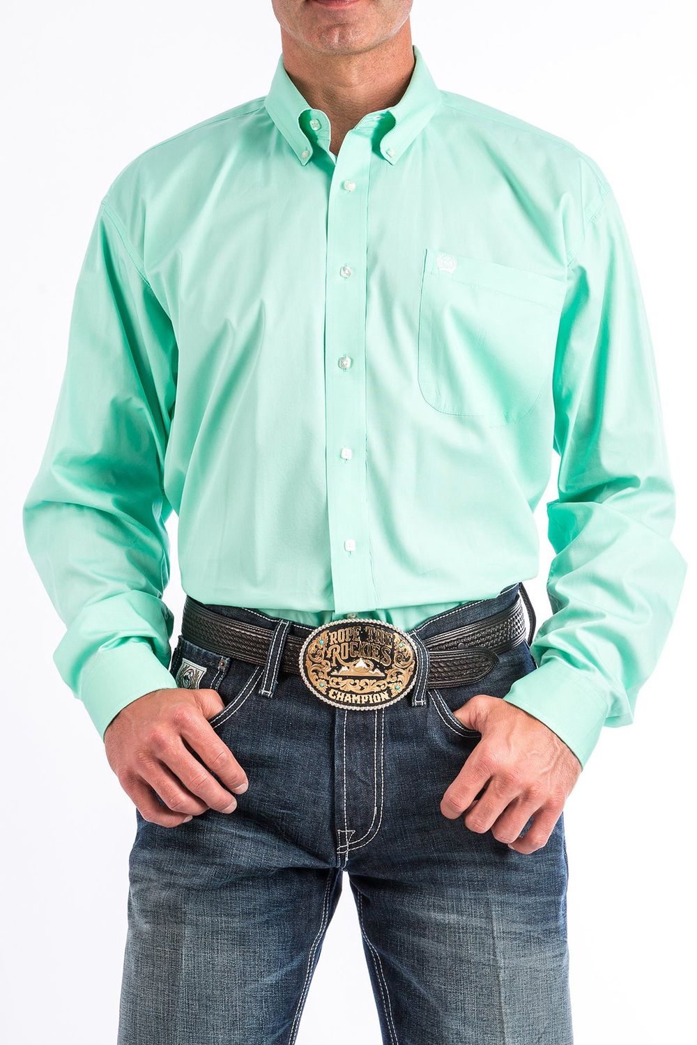 MTW1104237 MEN&#39;S CINCH LONG-SLEEVE SOLID GREEN BUTTON-DOWN WESTERN SHIRT