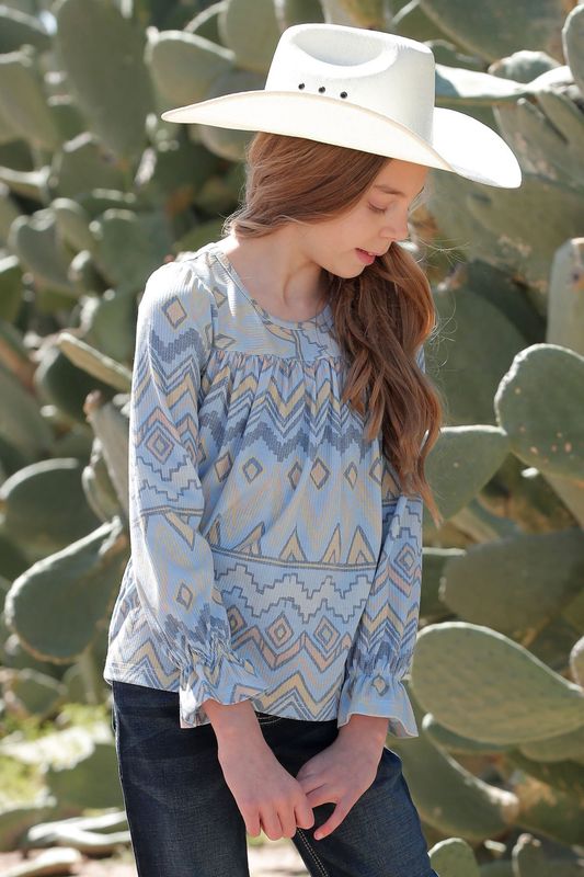 CTK8900001 GIRL&#39;S CRUEL GIRL LONG-SLEEVE LIGHT BLUE PRINTED BLOUSE
