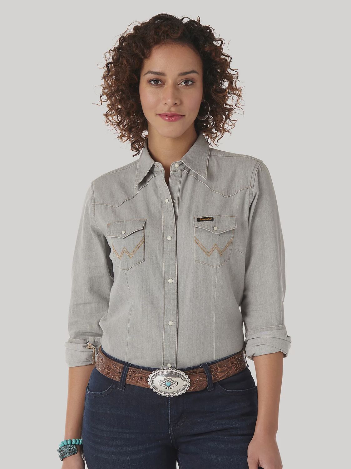 LW3961D WOMEN&#39;S WRANGLER GREY DENIM WESTERN SNAP-DOWN WESTERN SHIRT