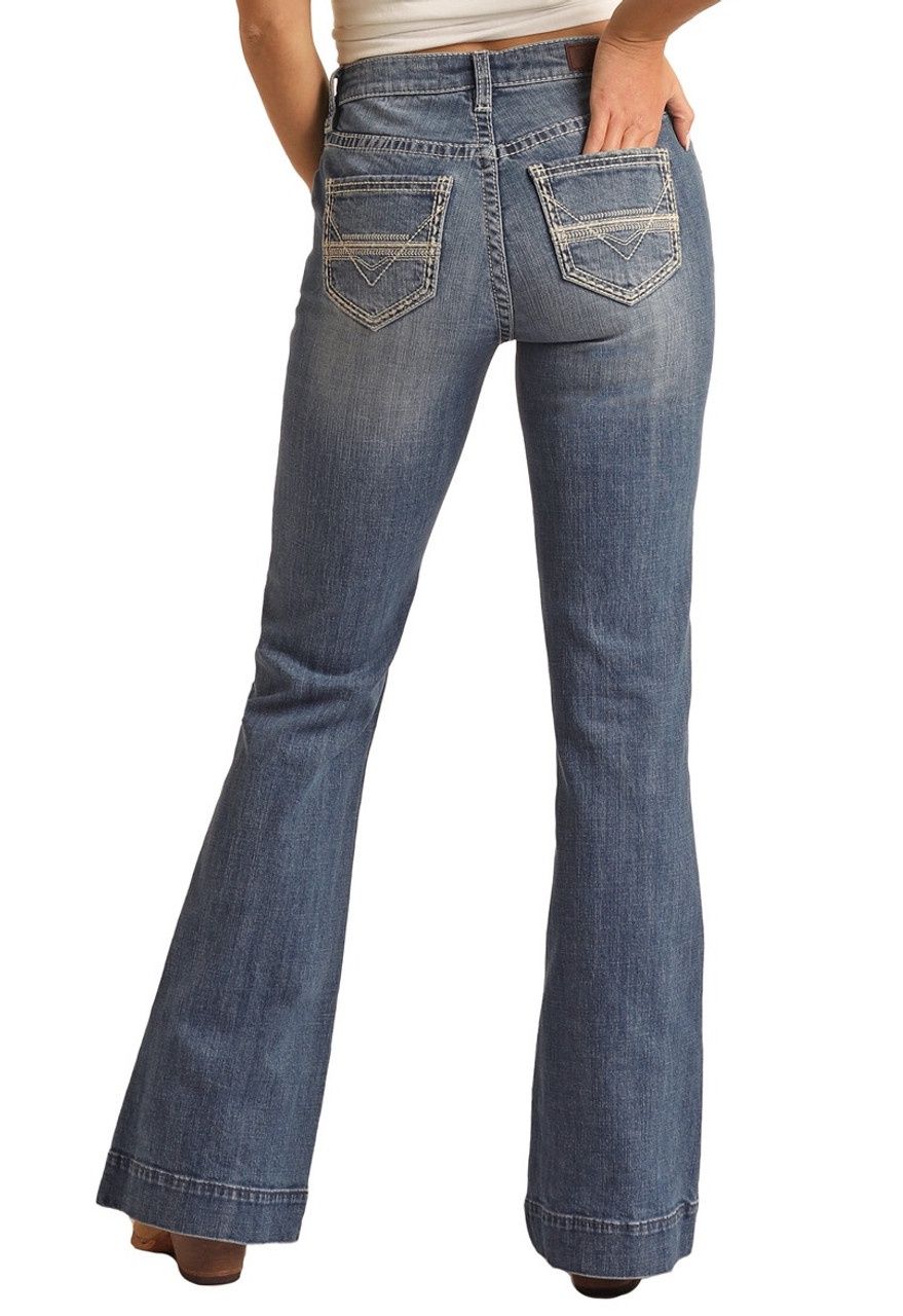 BW5MD03577 WOMEN&#39;S ROCK &amp; ROLL PETAL STITCH EMB MEDIUM WASH TROUSER JEAN