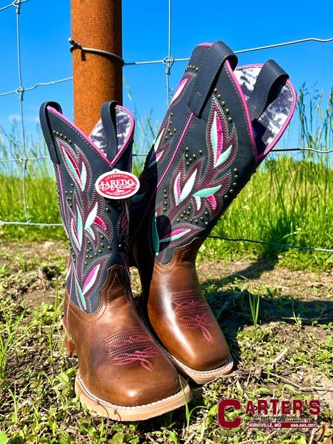 5604 WOMEN&#39;S LAREDO 11&quot; NAVY BLUE W/ FLORAL EMBROIDERY &amp; TAN SQUARE-TOE WESTERN BOOT