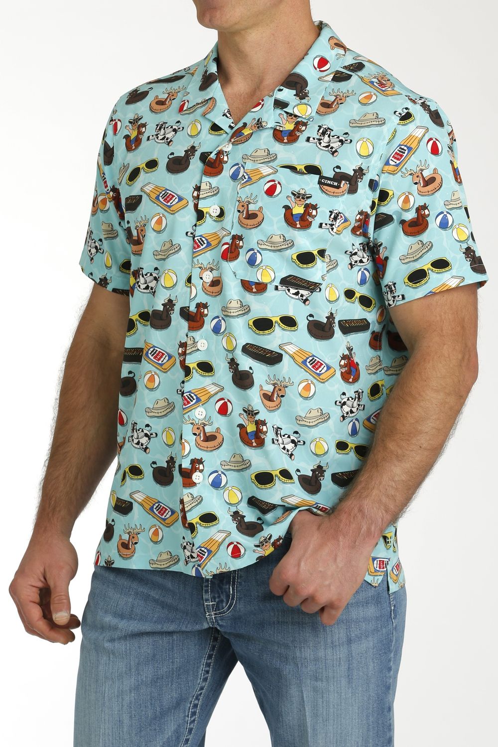 MTW1401043 MEN&#39;S CINCH BLUE WESTERN BEACH SHORT-SLEEVE CAMP SHIRT