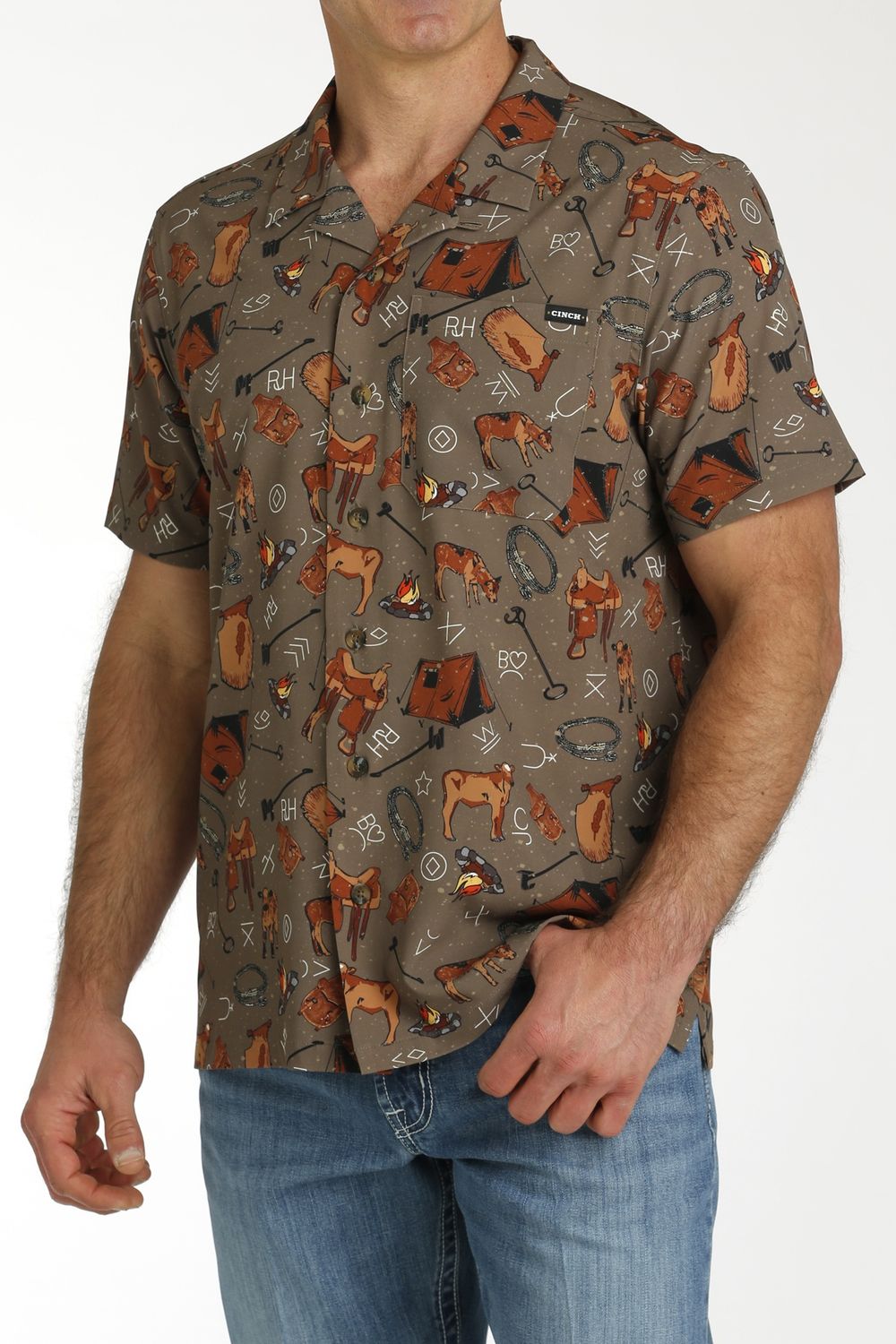 MTW1401045 MEN&#39;S CINCH BROWN WESTERN CAMPFIRE SHORT-SLEEVE CAMP SHIRT