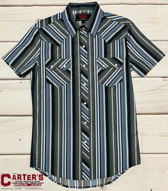 BMN3S03345 MEN&#39;S ROCK &amp; ROLL SHORT-SLEEVE 2-POCKET PRINTED WESTERN STRIPE SNAP SHIRT