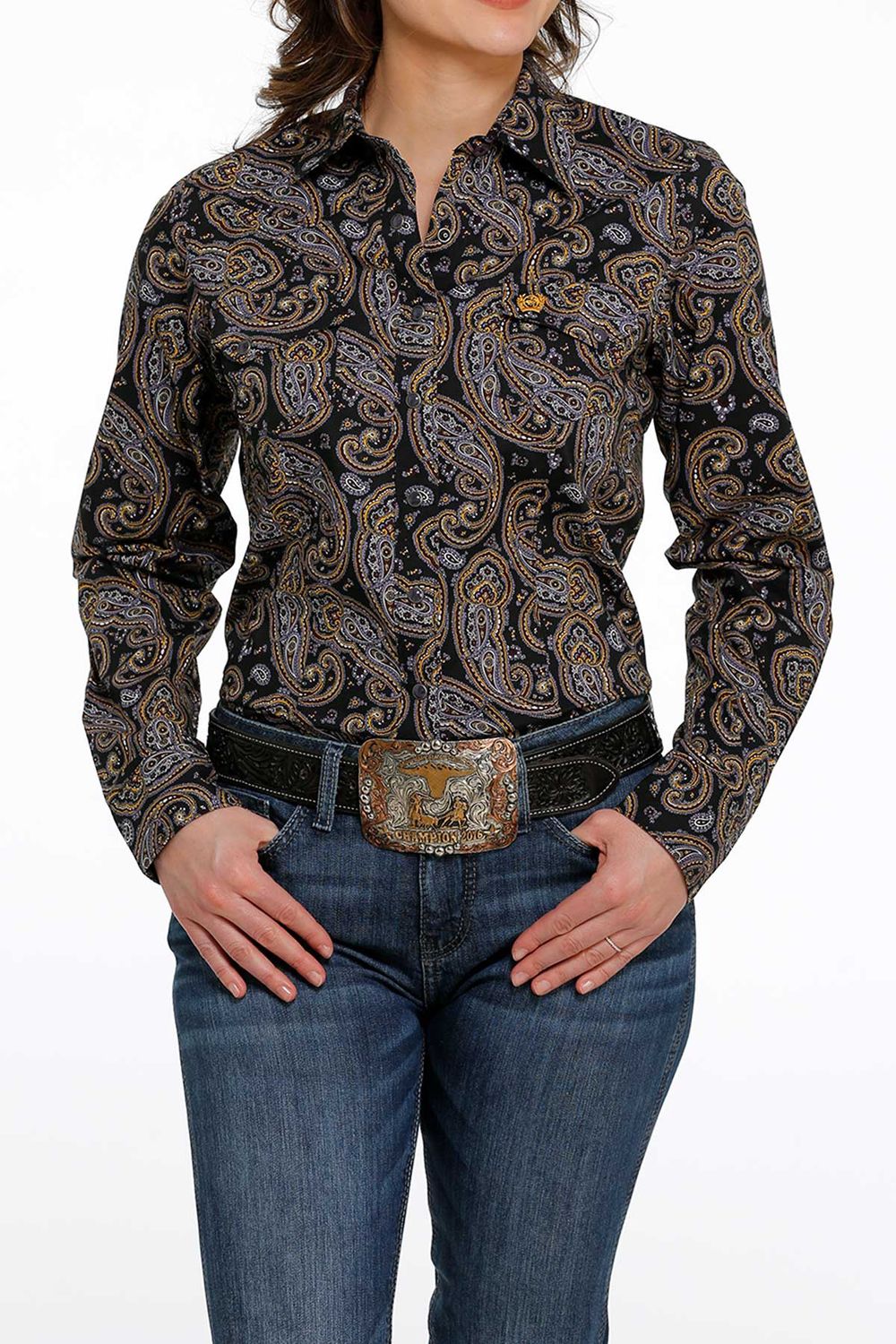 MSW9201038 WOMEN&#39;S CINCH L/S NAVY/PURPLE PAISLEY PRINT SNAP