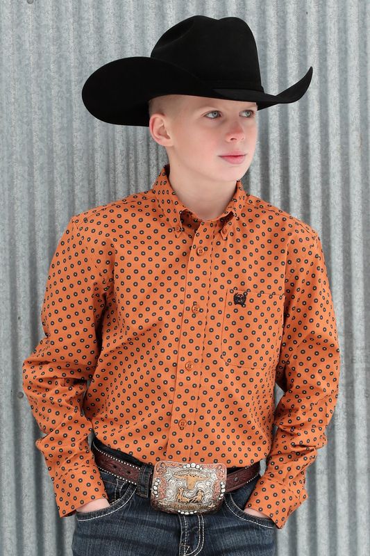 MTW7060333 BOY'S CINCH LONG-SLEEVE GOLD PRINT BUTTON DOWN WESTERN SHIRT