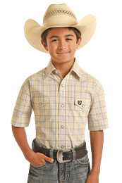 PBN3S03327 BOY&#39;S PANHANDLE CHECK PRINT SHORT-SLEEVE 2 POCKET WESTERN SNAP SHIRT