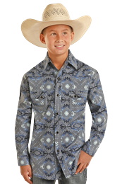 BBN2S03344 BOY&#39;S ROCK &amp; ROLL 2 POCKET LONG-SLEEVE AZTEC SNAP WESTERN SHIRT