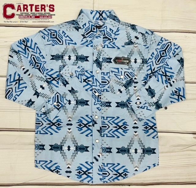 RRBS2SRZ7Z BOY&#39;S ROCK &amp; ROLL BLUE AZTEC PRINTED LONG-SLEEVE PEARL SNAP WESTERN SHIRT