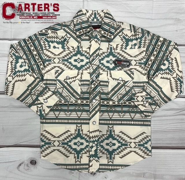 RRBSOSR0R7 BOY&#39;S ROCK &amp; ROLL CREAM &amp; GREEN LONG-SLEEVE PEARL SNAP WESTERN SHIRT