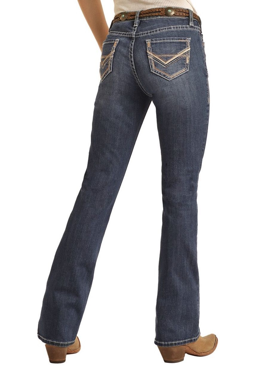 BW4MD03562 WOMEN&#39;S ROCK &amp; ROLL IVORY PLEATHER EMBOSSED BOOTCUT JEAN