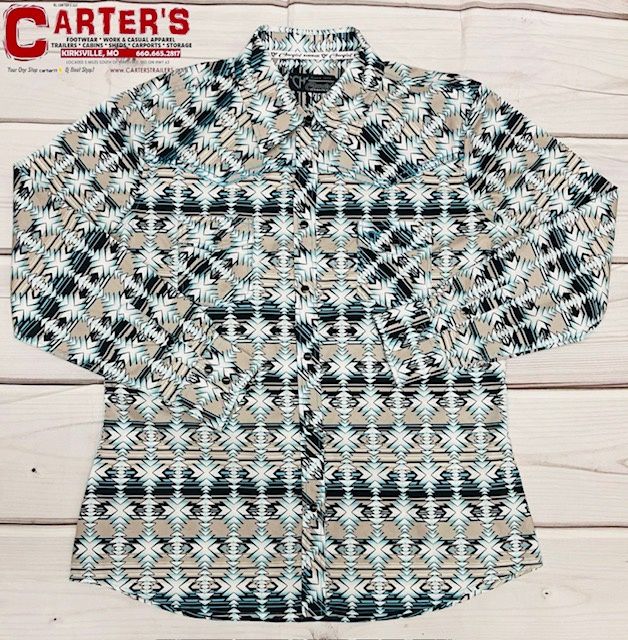 225546 WOMEN&#39;S COWGIRL HARDWARE LONG SLEEVE TRIBAL TURQUOISE SNAP SHIRT