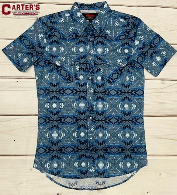 BMN3S03344 MEN&#39;S ROCK &amp; ROLL 2-POCKET AZTEC SHORT-SLEEVE SNAP WESTERN SHIRT