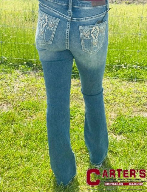 BW4MD04035 WOMEN&#39;S ROCK &amp; ROLL EMBROIDERED POCKET MID-RISE BOOTCUT JEAN
