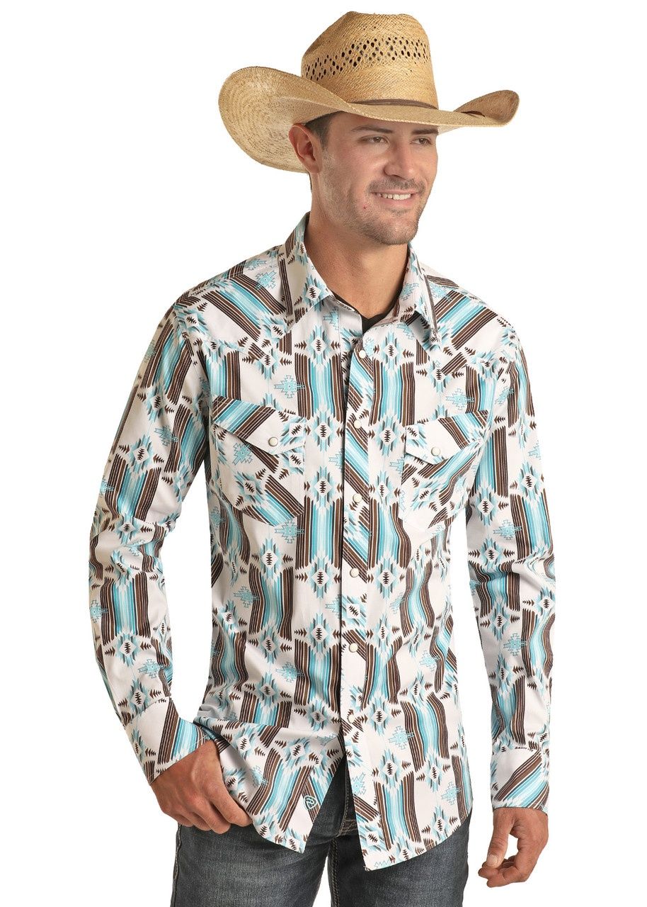 BMN2S03359 MEN&#39;S ROCK &amp; ROLL AZTEC PRINT LONG-SLEVE 2 POCKET WESTERN SNAP SHIRT