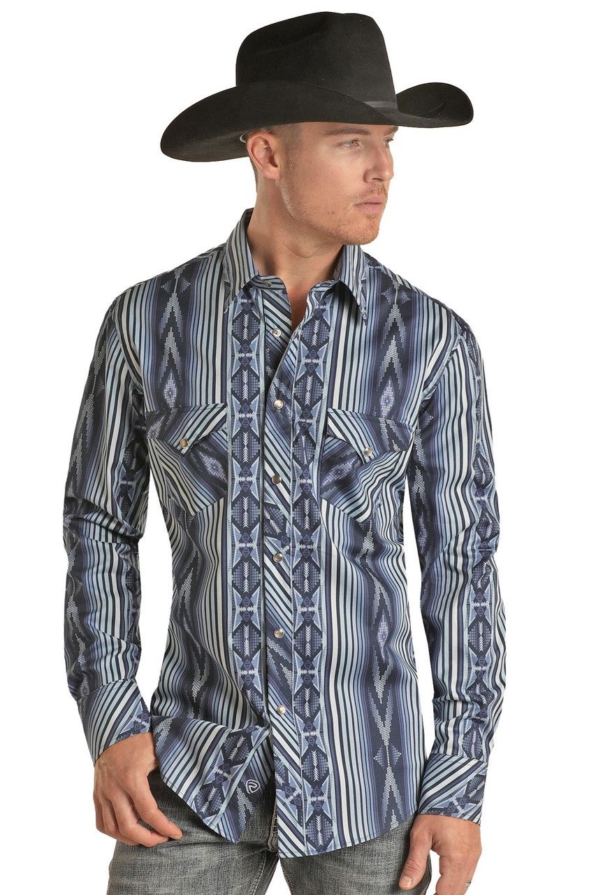 BMN2S02517 MEN&#39;S ROCK &amp; ROLL 2 POCKET  AZTEC STRIPE LONG-SLEEVE WESTERN SHIRT