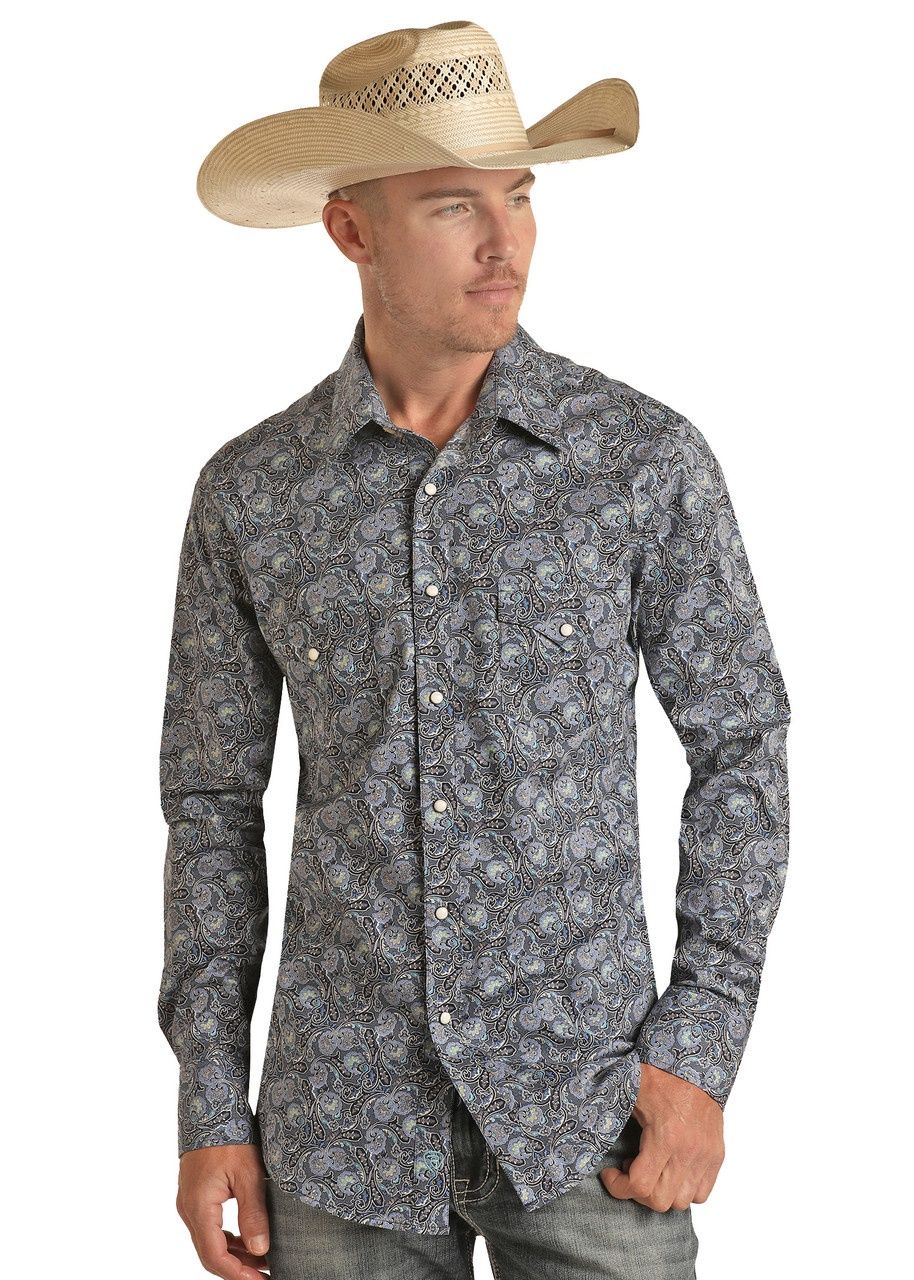 BMN2S03340 MEN&#39;S ROCK &amp; ROLL 2 POCKET PAISLEY SNAP LONG-SLEEVE WESTERN SHIRT