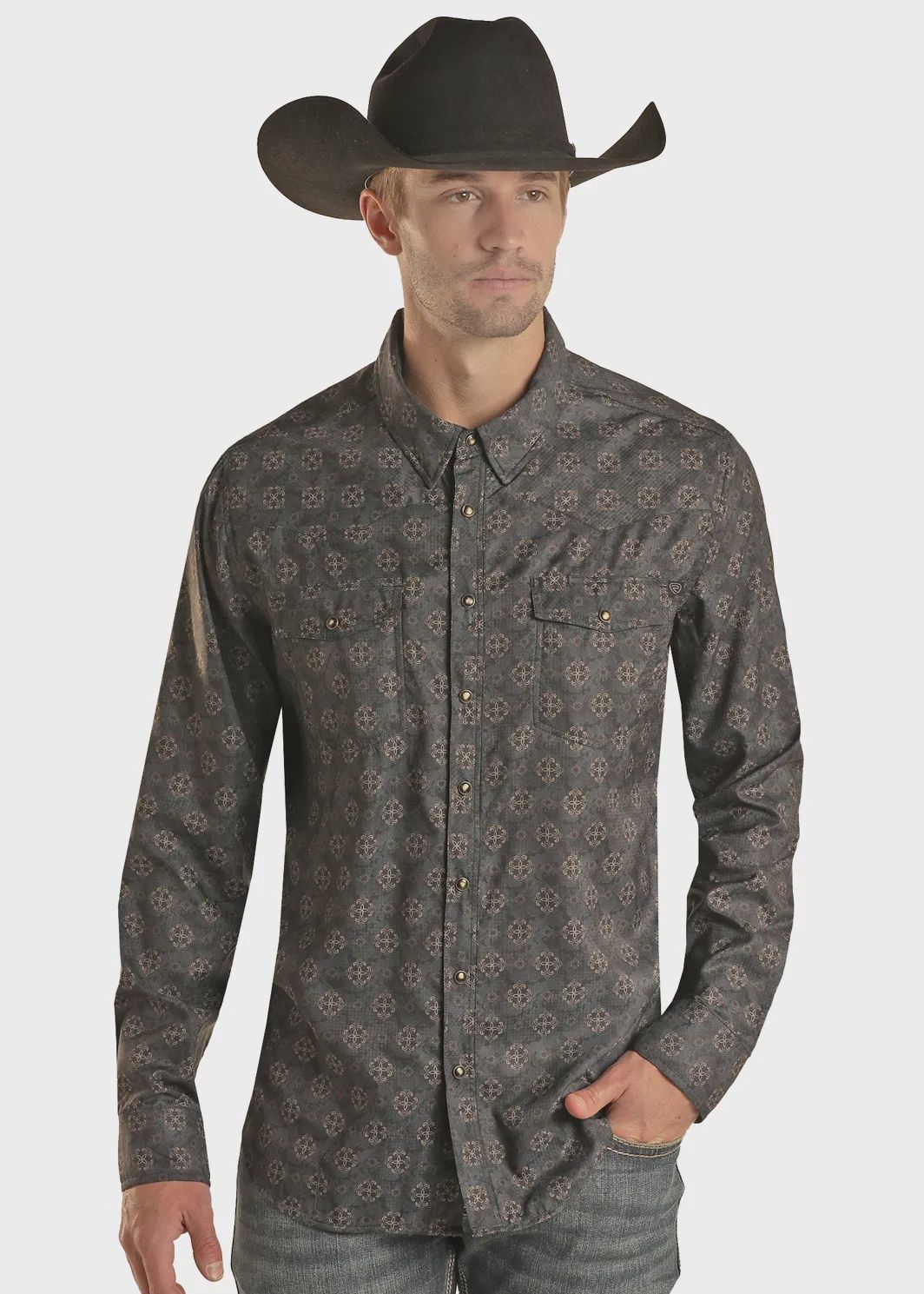 BMN2S02538 MEN&#39;S ROCK &amp; ROLL LONG-SLEEVE MEDALLION 2 POCKET WESTERN SNAP DOWN SHIRT