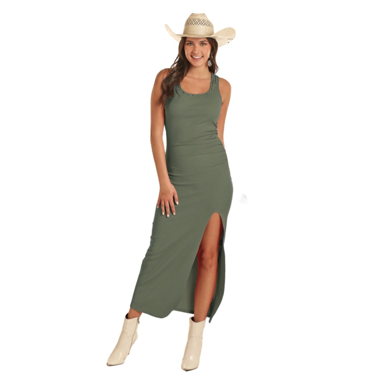 BWD0R03885 WOMEN&#39;S ROCK &amp; ROLL OLIVE RIB KNIT MAXI DRESS