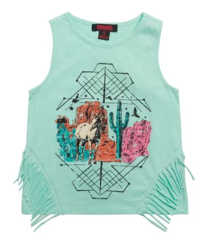 BG20T04357 GIRL&#39;S ROCK &amp; ROLL TURQUOISE GRAPHIC TANK WITH FRINGE