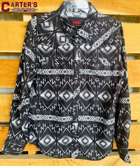 BMN2S02539 MEN&#39;S ROCK &amp; ROLL LONG-SLEEVE 2 POCKET AZTEC RIPSTOP SNAP DOWN WESTERN SHIRT