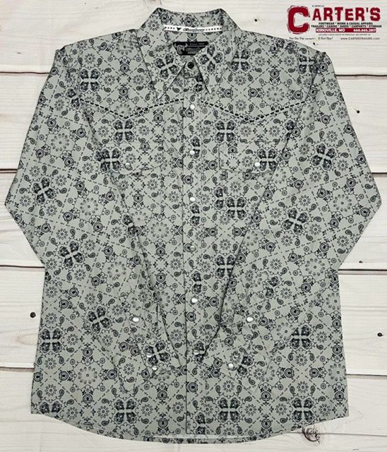 125472 MEN&#39;S COWBOY HARDWARE GREY BANDANA PRINT LONG-SLEEVE SNAP WESTERN SHIRT