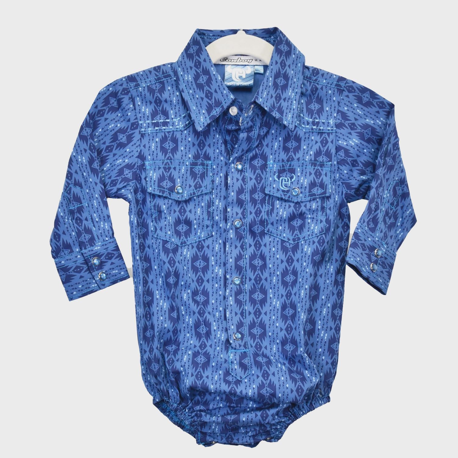 725518R-400 INFANT COWBOY HARDWARE BLUE AZTEC WESTERN ROMPER