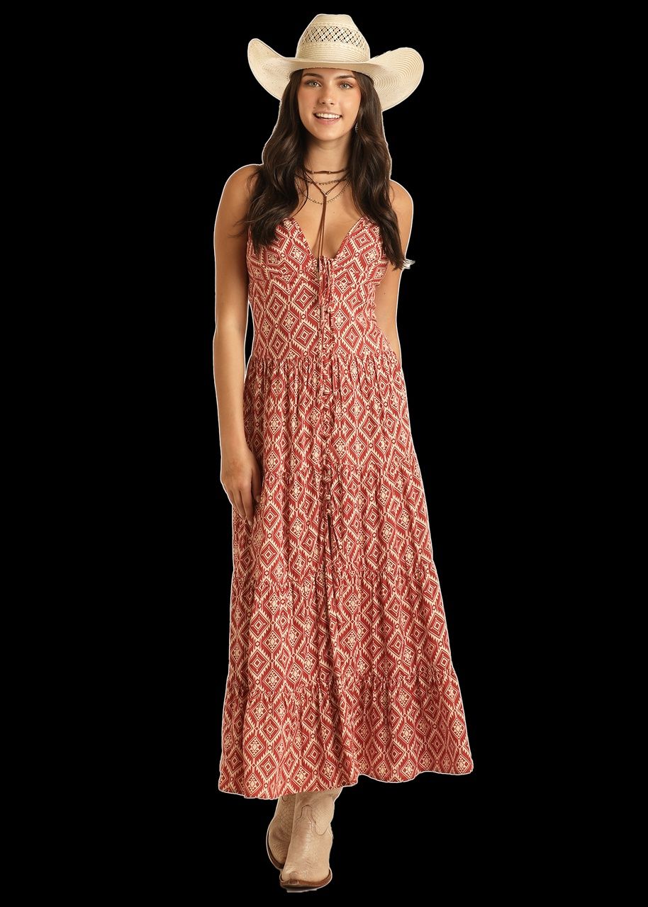 BWD0R03880 WOMEN&#39;S ROCK &amp; ROLL LONG RED AZTEC DRESS