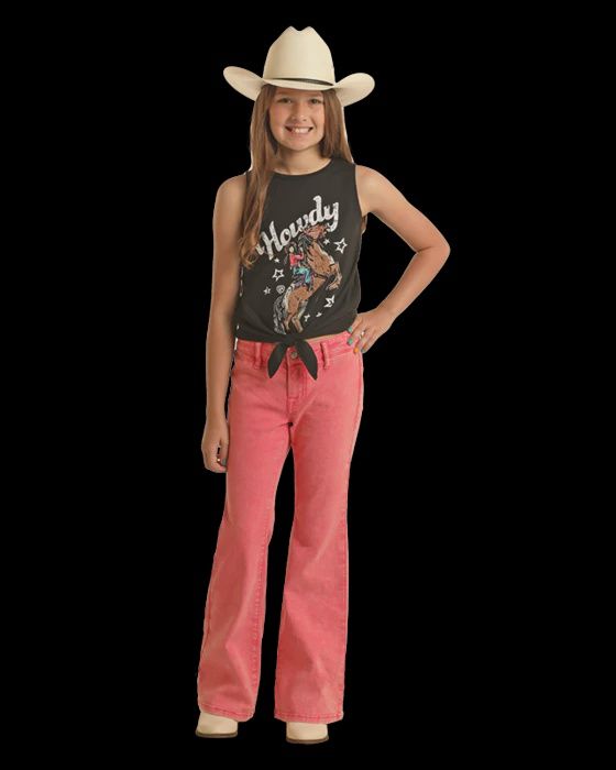 BG6PD03586 GIRL&#39;S ROCK &amp; ROLL PINK DISTRESSED BUTTON FLARE JEAN
