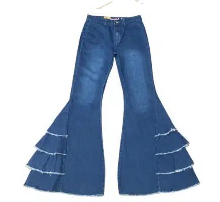 402123-450 GIRL&#39;S COWGIRL HARDWARE SIDE RUFFLE LEOPARD TRIM BELL BOTTOMS