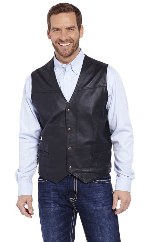 ML1059 MEN&#39;S CRIPPLE CREEK BLACK SNAP DOWN PIGSKIN LEATHER VEST