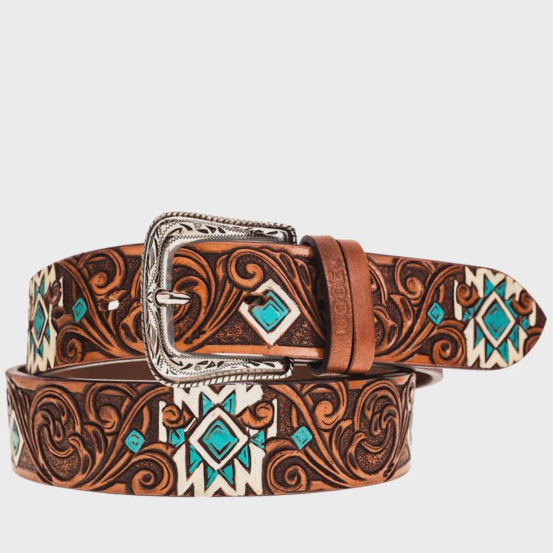 HWBLT029 WOMEN&#39;S HOOEY DYANI BROWN LEATHER FILIGREE BELT W/ HAND PAINTED TURQUOISE &amp; IVORY AZTEC ACCENTS