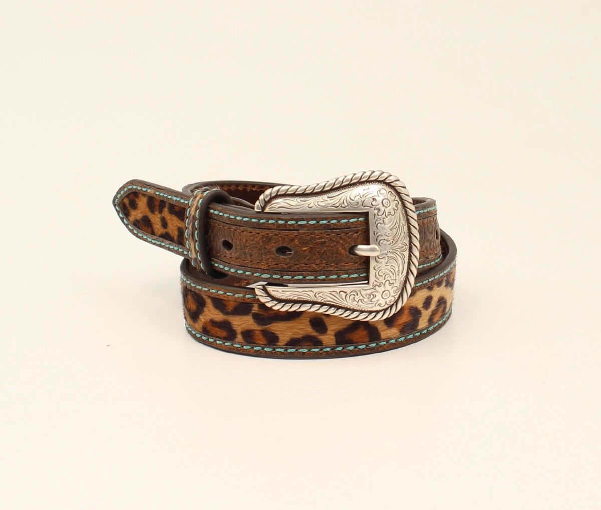 A1307002 GIRL&#39;S ARIAT LEOPARD BELT W/ TURQUOISE STITCHING
