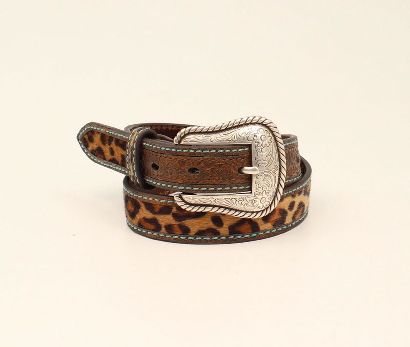 A1307002 GIRL&#39;S ARIAT LEOPARD BELT W/ TURQUOISE STITCHING