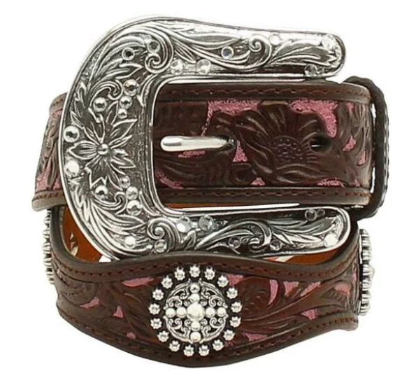 A1301802 GIRL&#39;S ARIAT BROWN TOOLED BELT W/ PURPLE INLAY &amp; RHINESTONE CONCHOS