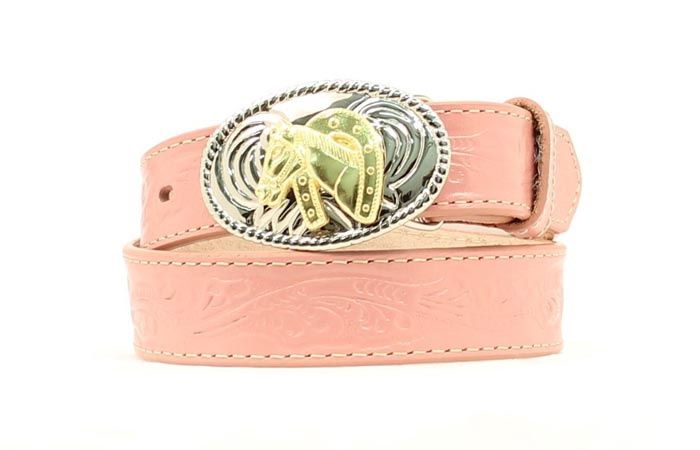 N4410530 GIRL&#39;S NOCONA PINK TOOLED LEATHER BELT WITH HORSE BUCKLE