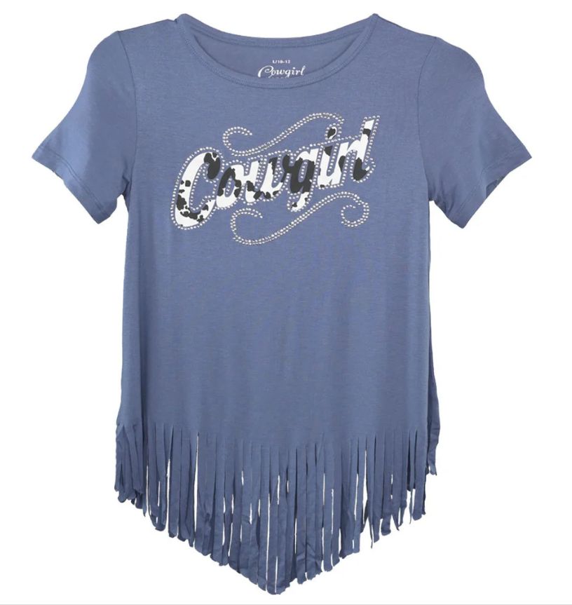 435839-454-K GIRL&#39;S COWGIRL HARDWARE BLUE &quot;COWGIRL&quot; TEE WITH FRINGE TRIM SHORT-SLEEVE TEE