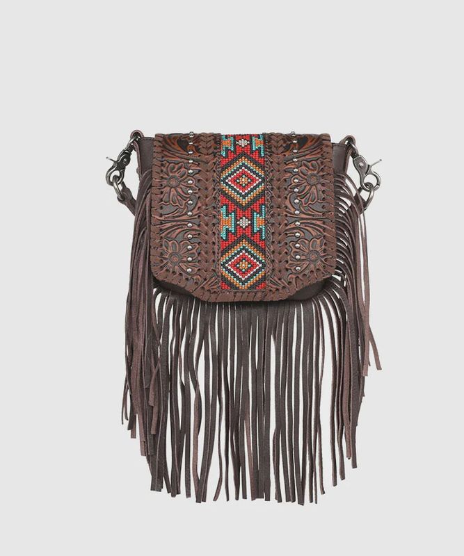 RLC-L166 MONTANA WEST GENUINE LEATHER FLORAL TOOLED FRINGE CROSSBODY