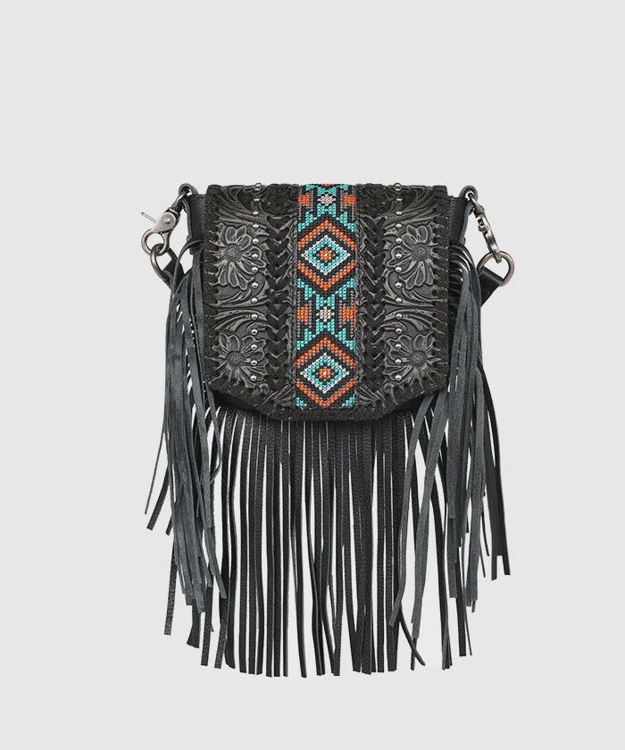 RLC-L166 MONTANA WEST GENUINE LEATHER FLORAL TOOLED FRINGE CROSSBODY, COLOR: BLACK