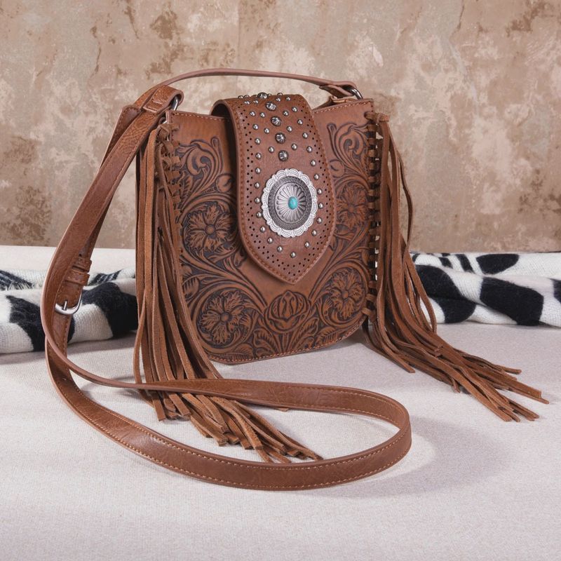 MW1249 MONTANA WEST VINTAGE FLORAL TOOLED FRINGE CROSSBODY BAG