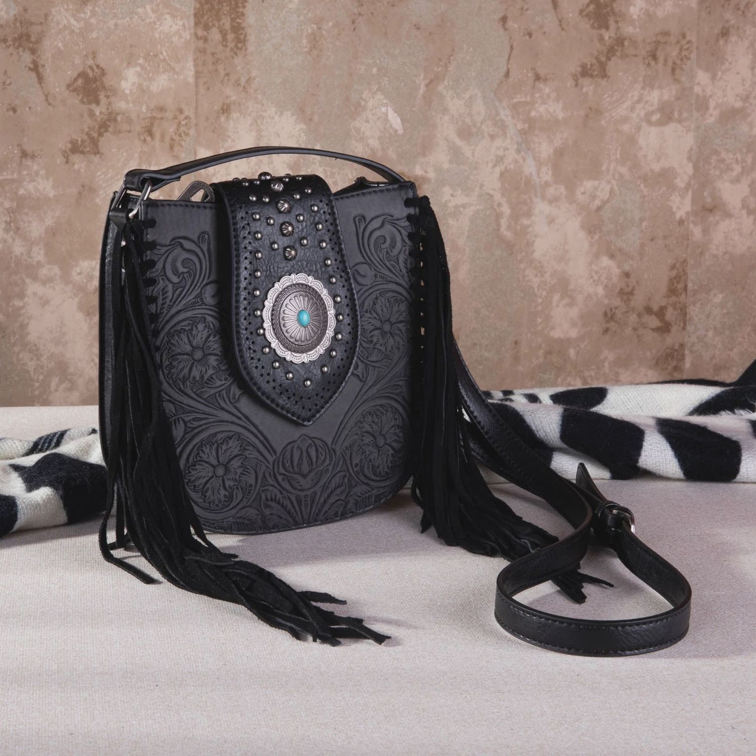 MW1249 MONTANA WEST VINTAGE FLORAL TOOLED FRINGE CROSSBODY BAG, COLOR: BLACK