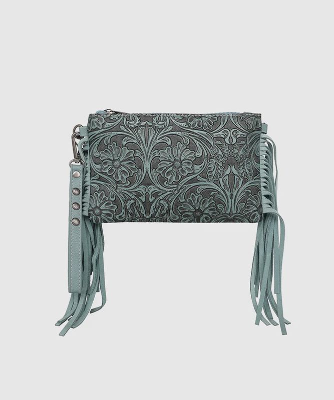 MW1217-181 MONTANA WEST FLORAL EMBOSSED FRINGE CROSSBODY CLUTCH
