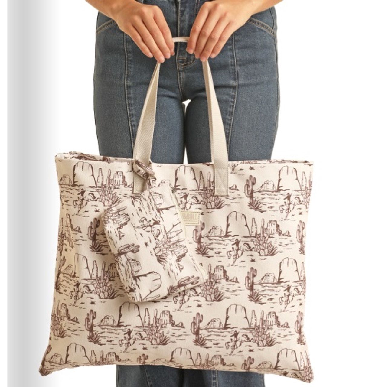 BU43X04368 ROCK &amp; ROLL WHITE &amp; BROWN DESERT COWBOY SCENE TOTE BAG (INCLUDES ADDITIONAL ACCESSORIES BAG!)