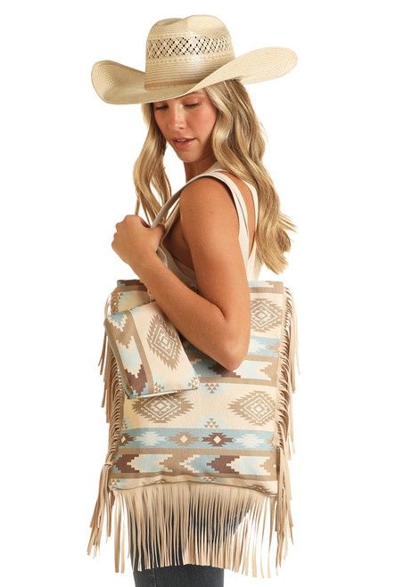 BU43X04369 ROCK &amp; ROLL TAN &amp; BLUE AZTEC PRINT TOTE BAG W/ FRINGE (INCLUDES ADDITIONAL ACCESSORIES BAG!)