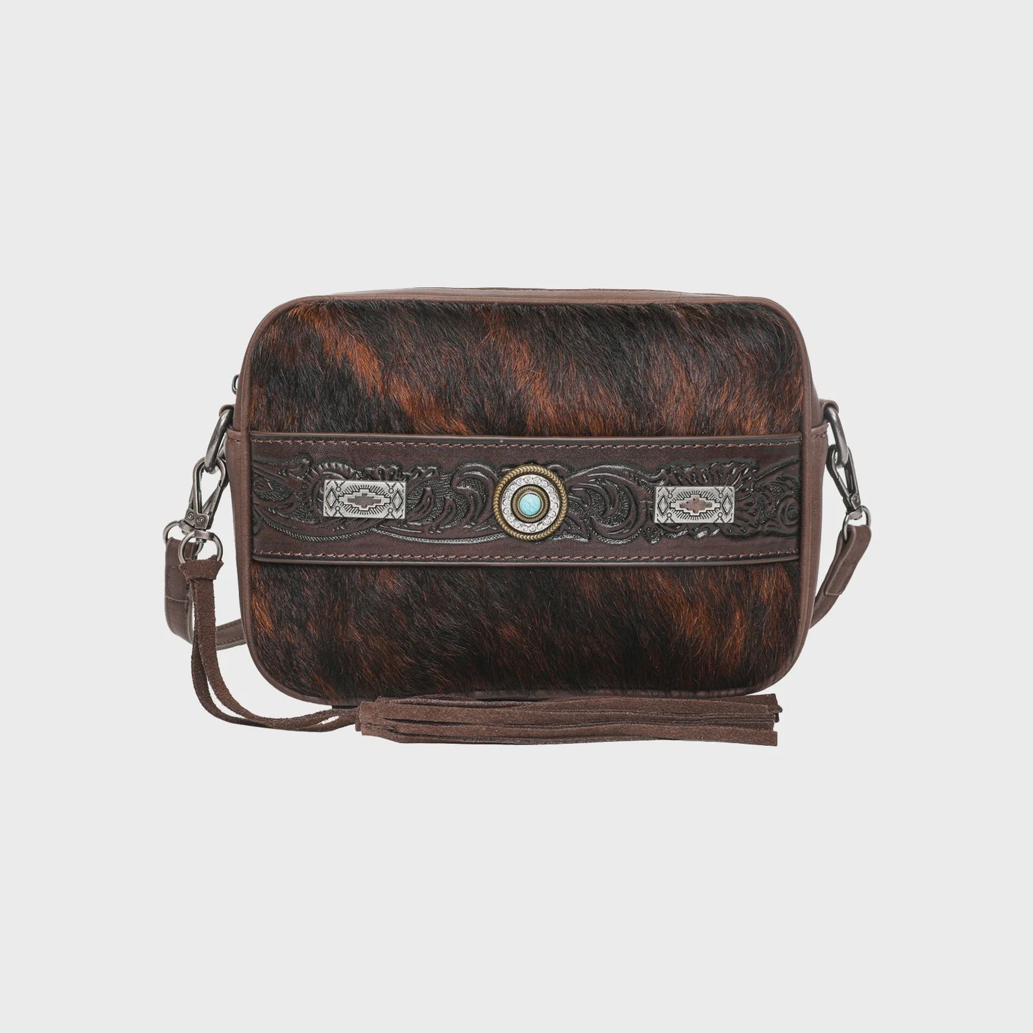 TR133-196CF TRINITY RANCH HAIR-ON LEATHER TOOLED CROSSBODY
