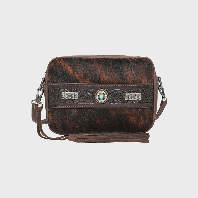 TR133-196CF TRINITY RANCH HAIR-ON LEATHER TOOLED CROSSBODY