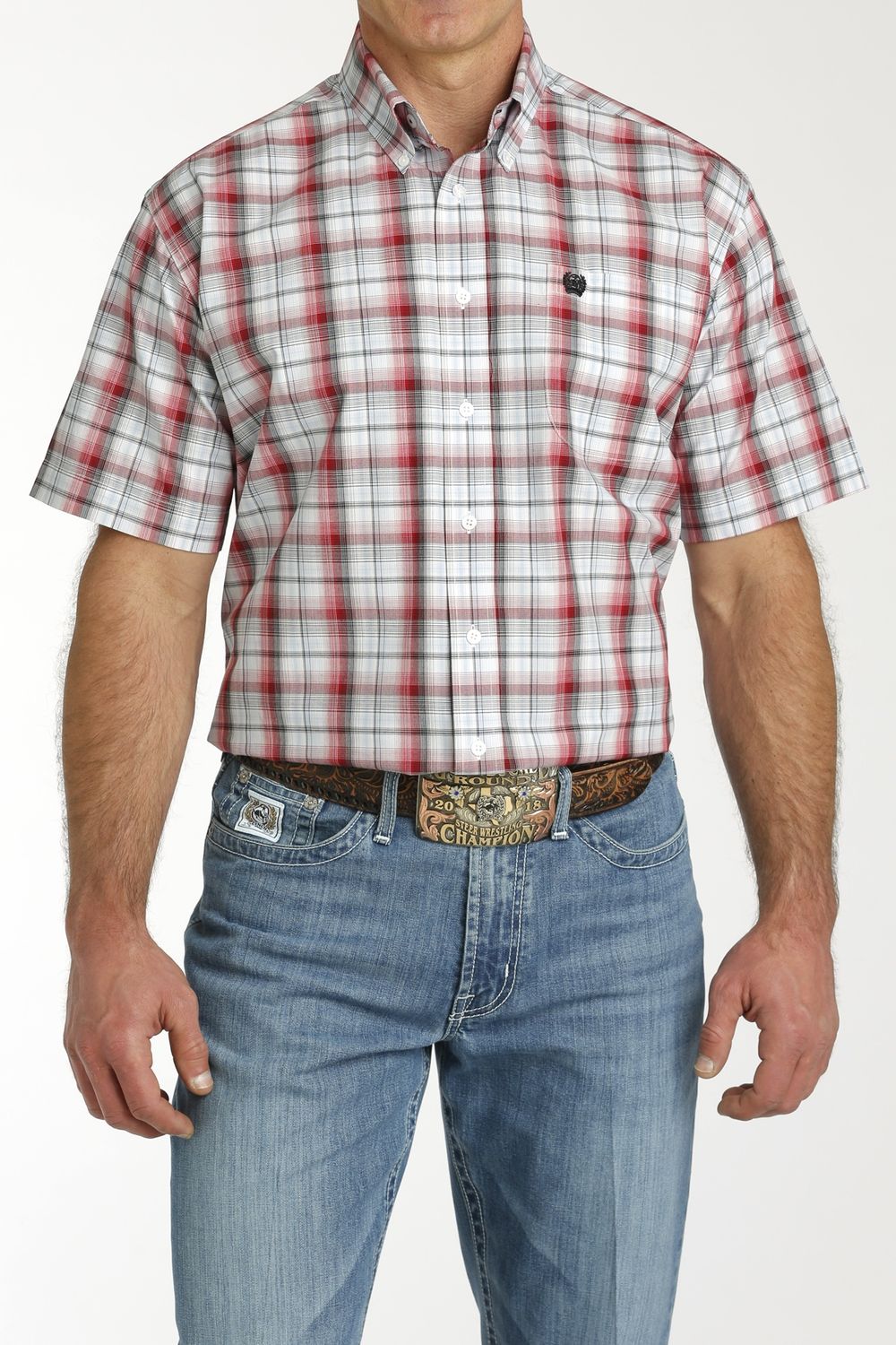 MTW1111461 MEN&#39;S CINCH WHITE PLAID SHORT-SLEEVE BUTTON DOWN WESTERN SHIRT
