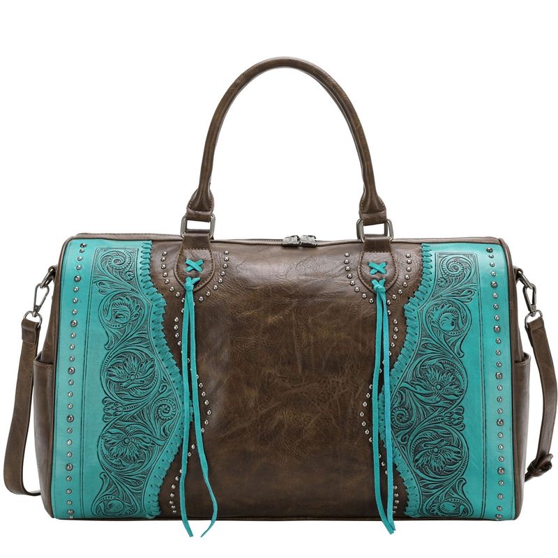 TR147-5110CF TRINITY RANCH BROWN &amp; TURQUOISE LEATHER WEEKENDER BAG