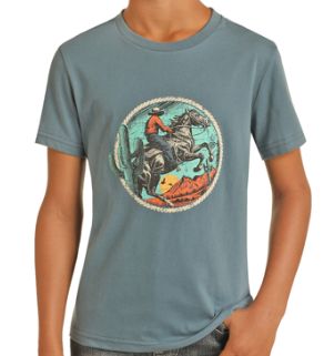 BB21T04418 YOUTH (UNISEX) ROCK &amp; ROLL LIGHT NAVY COWBOY SCENE SHORT-SLEEVE TEE